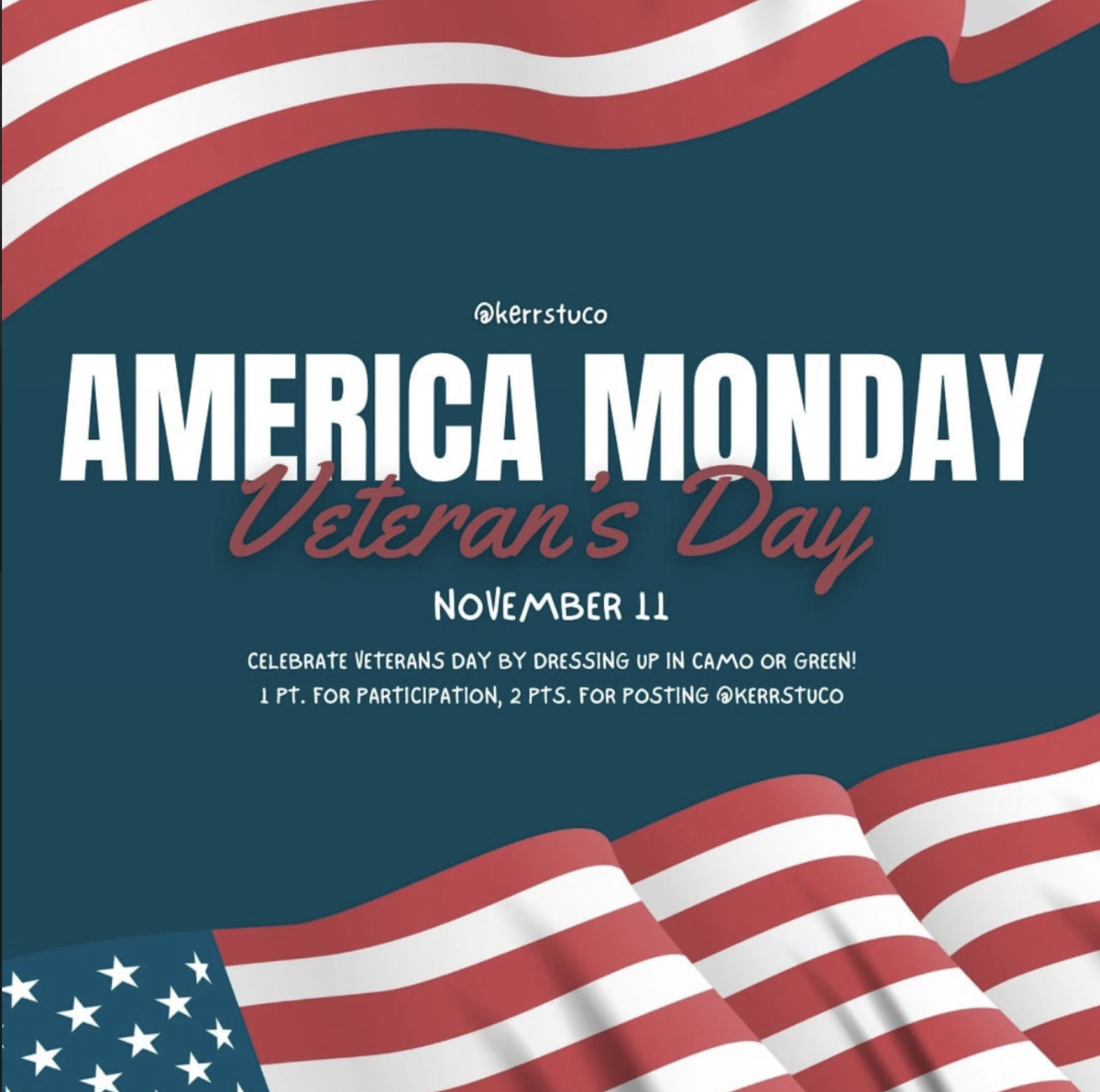 STUCO's honorary post for Veteran's Day. To motivate more students to participate, students are granted one point for participation and two points for posting.